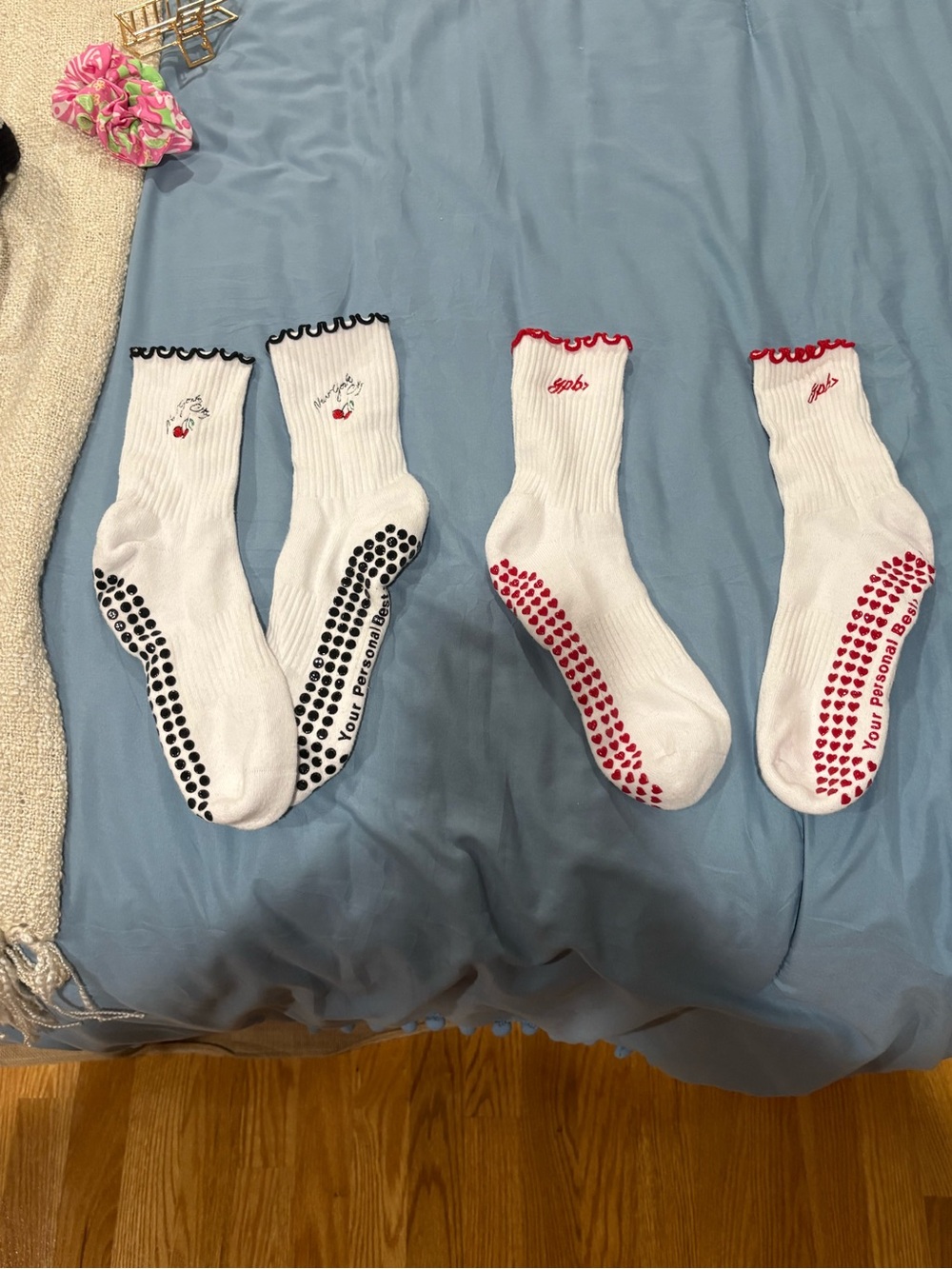 YPB Abercrombie Non-Slip Ruffled Crew Socks in White with Black or Red Accents
